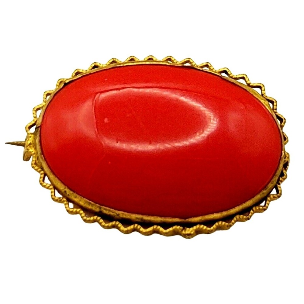 Antique Czech Oval Brooch Small Pin Red Early Plastic Acrylic Gold Tone Filigree